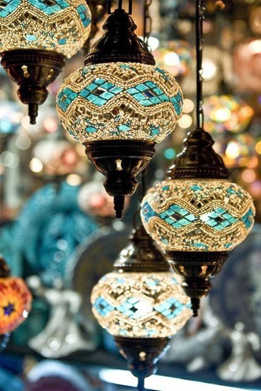 Pendant Light: Bohemian Turquoise Mosaic Glass Hanging Chain Geometric
