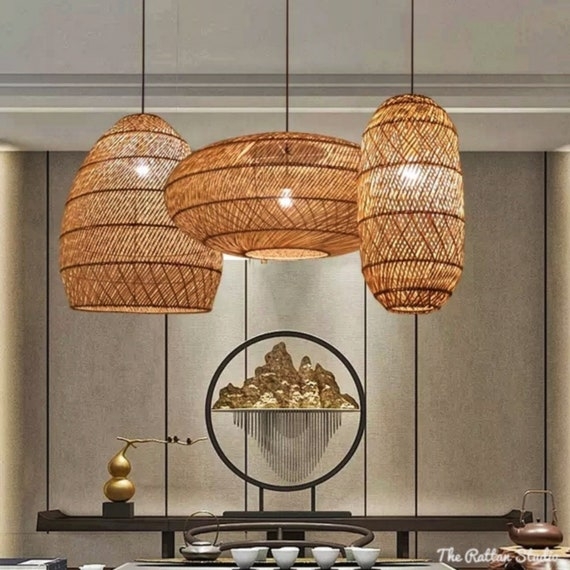 Pendant Light Cluster Varied Geometric Woven Rattan Shapes Japandi