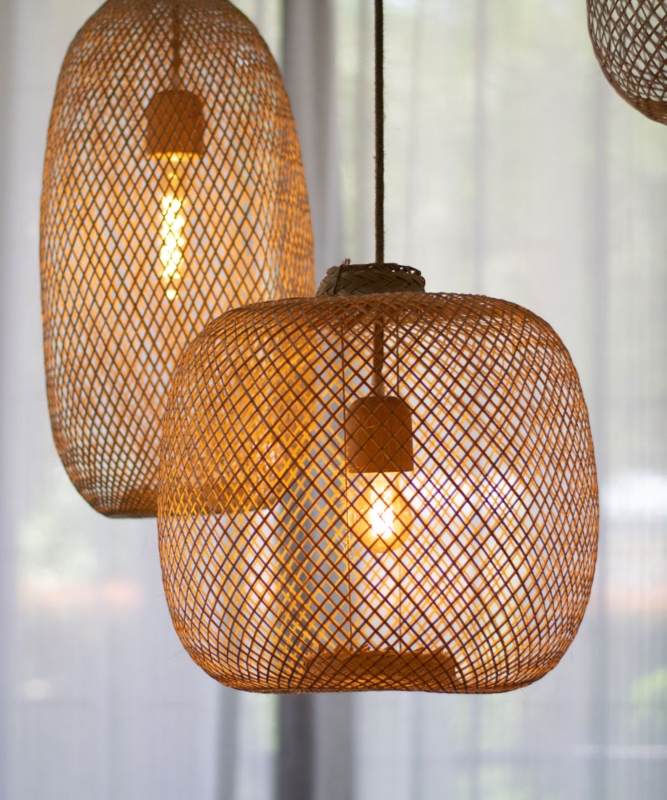Pendant Light Cluster with Rope Cords and Lattice Weave Shades