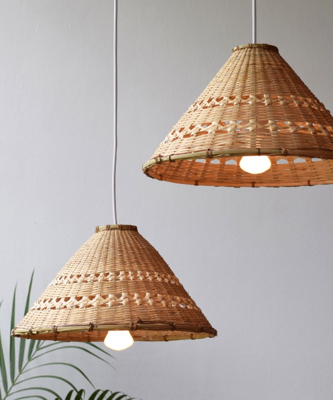Pendant Light Cone Shaped Rustic Woven Natural Fiber Open Work Pattern