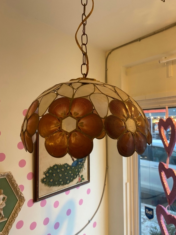 Pendant Light Dome Shade with Vintage Amber Capiz Floral Motif
