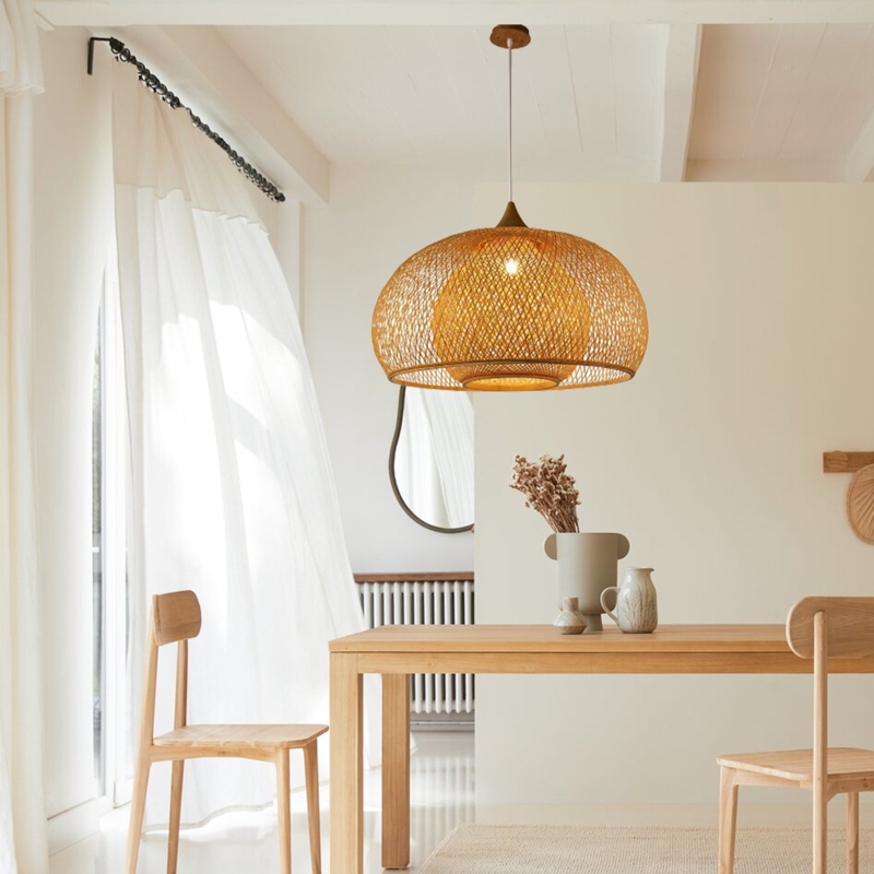 Pendant Light Double Layer Woven Bamboo Dome Shade Boho Chic