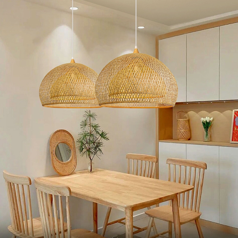 Pendant Light Double Layered Weave Bamboo Dome Japandi Natural Wood Tone