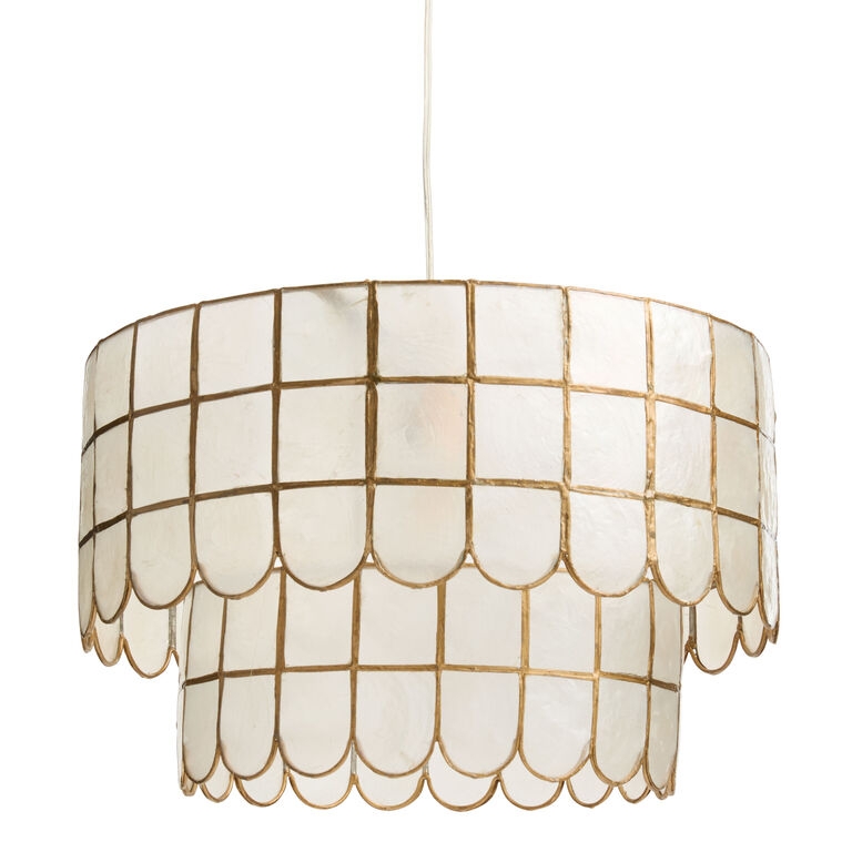 Pendant Light Drum with Gold Grid Pattern and Scalloped Capiz
