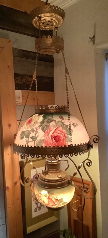 Pendant Light Dual Glow Floral Glass Shade Scrollwork Arms Rose Pink