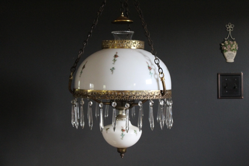 Pendant Light Electrified Oil Lamp Milk White Shade Hanging Prisms