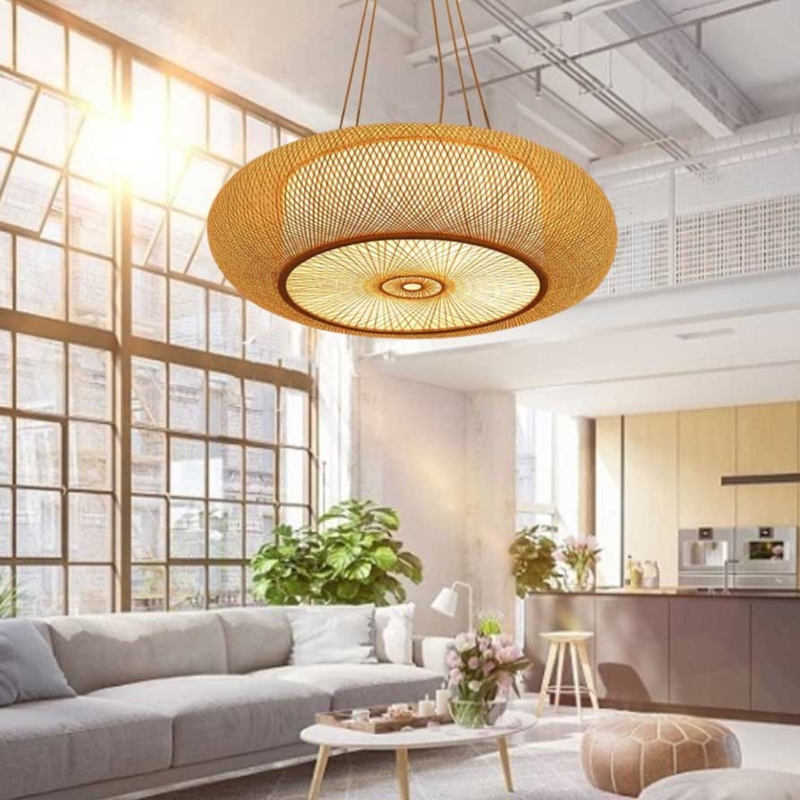 Pendant Light, Flat Drum Shape, Intricate Lattice Weave, Oversized