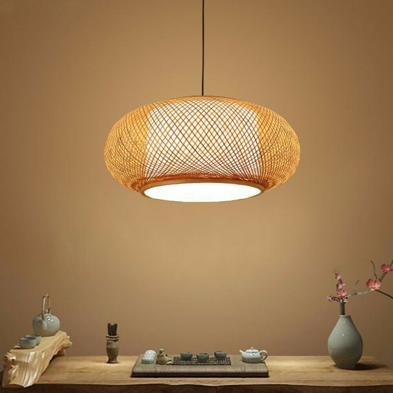 Pendant Light Flattened Oval Bamboo with Cross Hatch Weave Zen