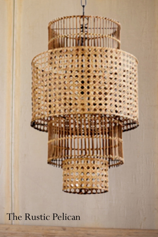 Pendant Light, Four-Tier Cylindrical, Woven Cane & Vertical Ribbing