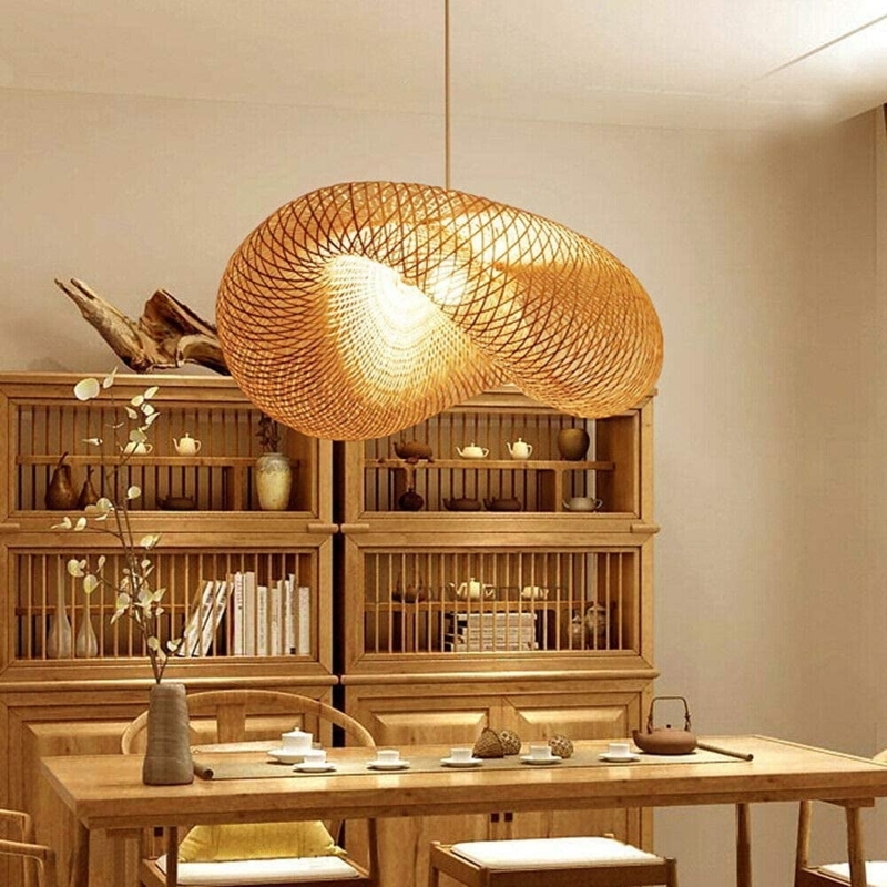 Pendant Light, Hollow Weave Bamboo Shade, Sculptural Twisted Form