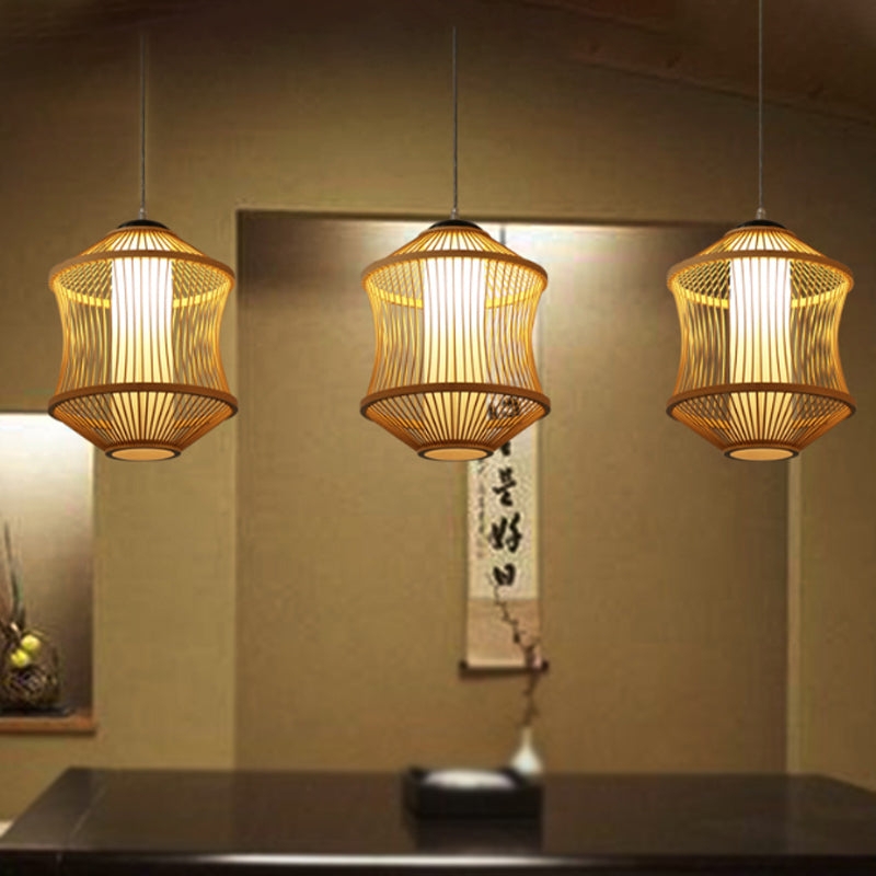 Pendant Light Hourglass Silhouette Vertical Slats Asian Zen Bamboo Cylindrical Diffuser