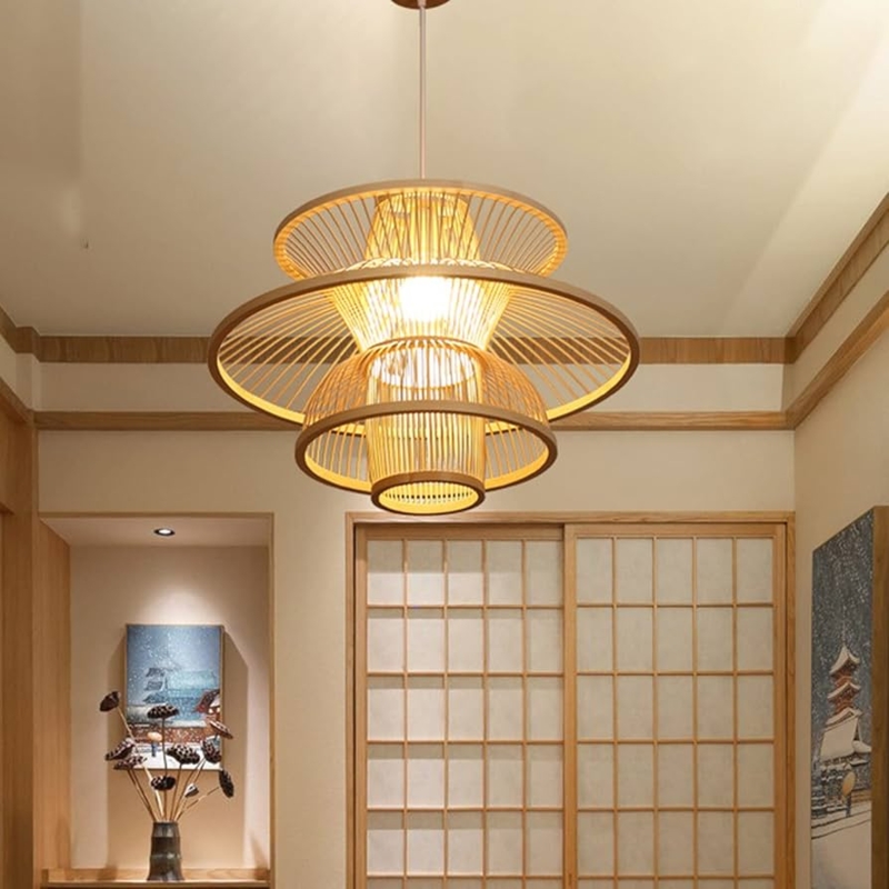 Pendant Light Japanese Style Bamboo with Concentric Tiered Rings