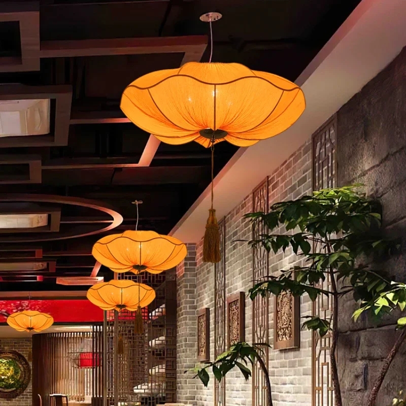 Pendant Light Lotus Leaf Shape Pleated Fabric Southeast Asian Warm Orange