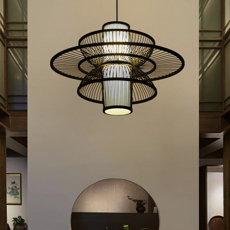 Pendant Light Lotus Silhouette Slatted Bamboo Triple Tiered Zen Chandelier Black