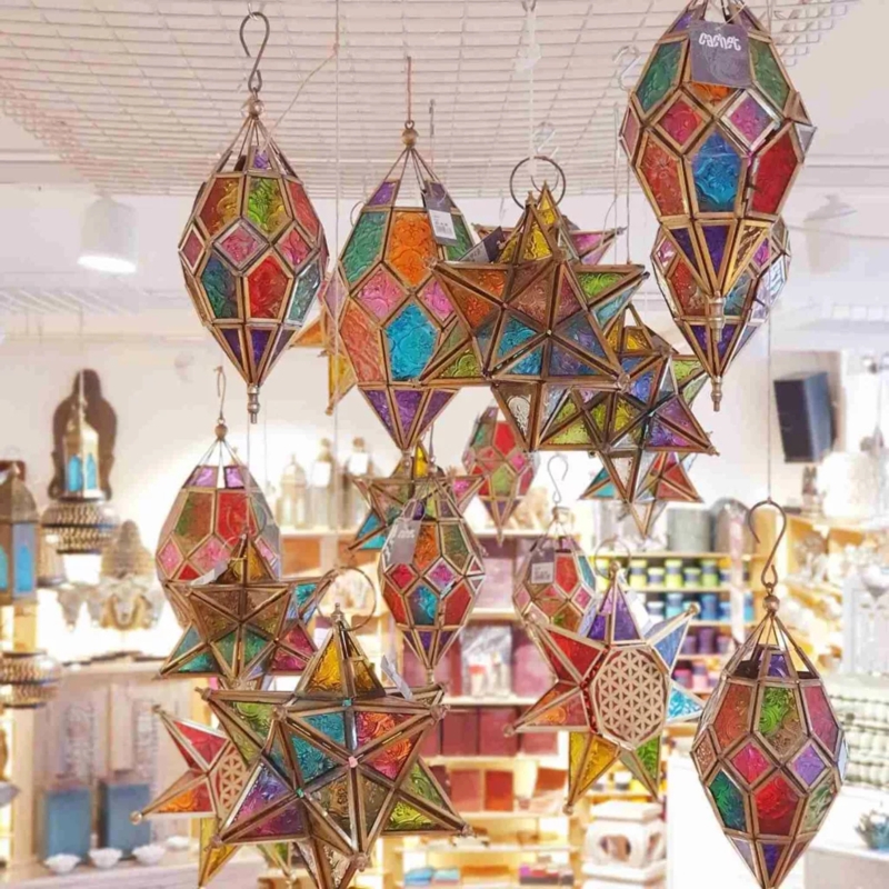 Pendant Light: Moroccan Star Shape Multi-Colored Faceted Glass Lantern