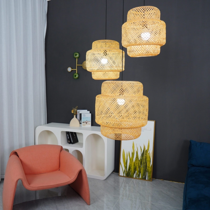Pendant Light, Multi-Tiered Woven Bamboo Shades, Boho Chic Cluster