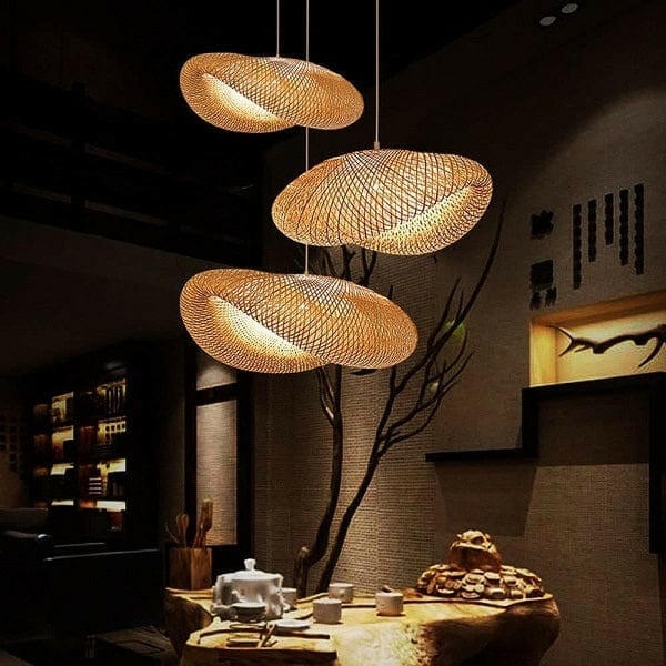 Pendant Light, Organic Flattened Shape, Wabi-Sabi Woven Lamp Cluster