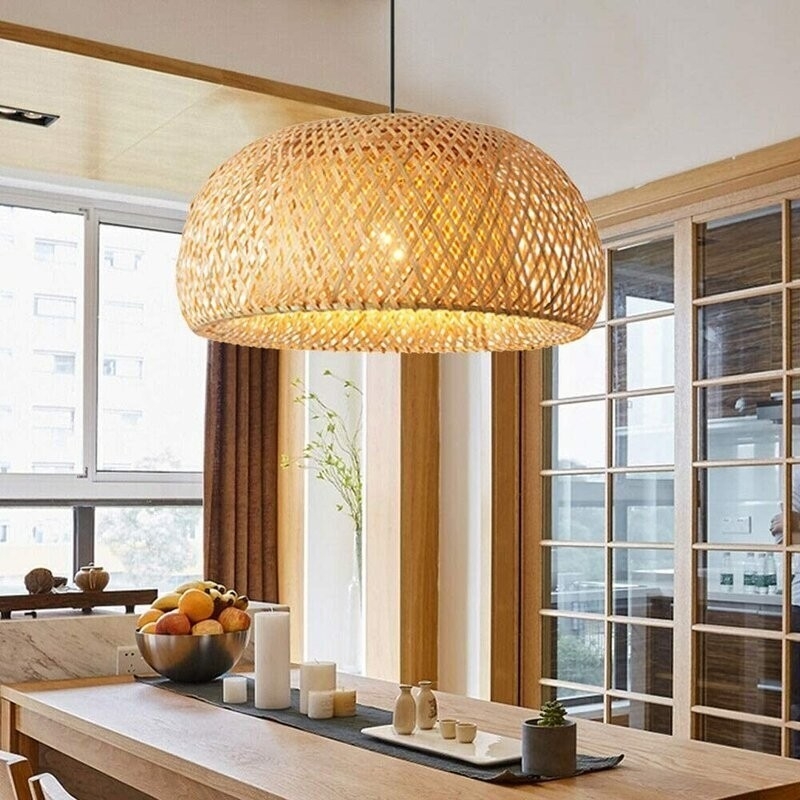 Pendant Light, Oversized Dome Shape with Natural Rattan Lattice Weave