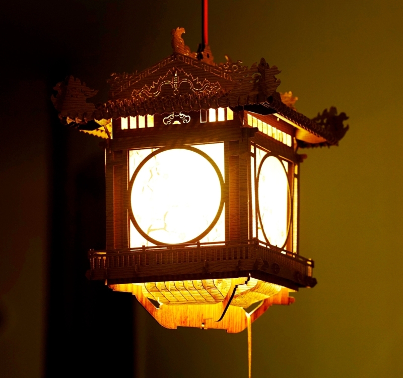 Pendant Light Pagoda Roof Laser Cut Wood Traditional Asian Silhouette Art