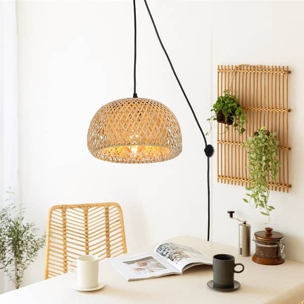 Pendant Light, Plug-in Swag hanging lamp with Woven Rattan Dome
