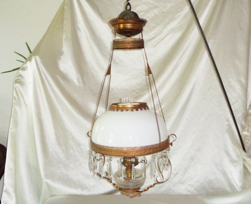 Pendant Light Retractable Pulley Oil Lamp Crystal Prisms Brass Toned