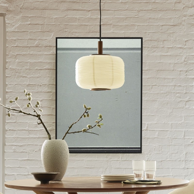 Pendant Light Ribbed Paper Texture Wabi Sabi Diffused Glow Wood Accents