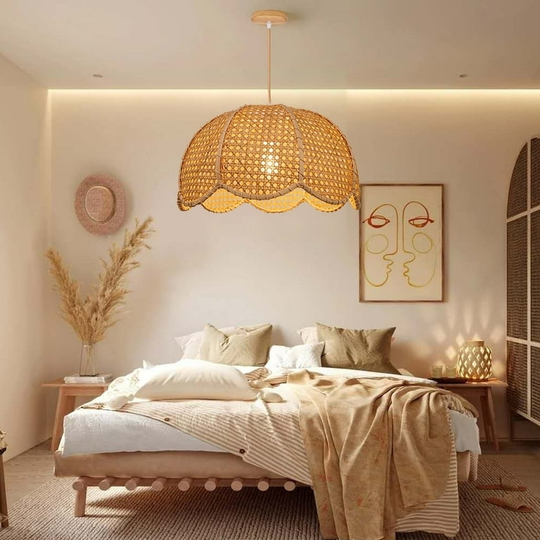 Pendant Light Scalloped Woven Shade Rattan Cane Japandi Dome Honey Toned