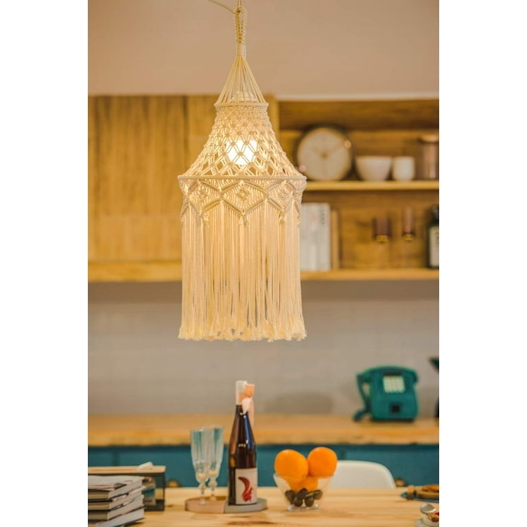 Pendant Light Shade: Boho Macrame Knots Long Fringe Woven Tassel Bell