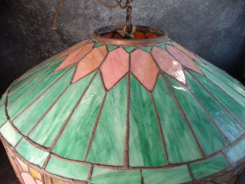 Pendant Light Shade Leaded Slag Glass Petal Pattern Mint Green Pink