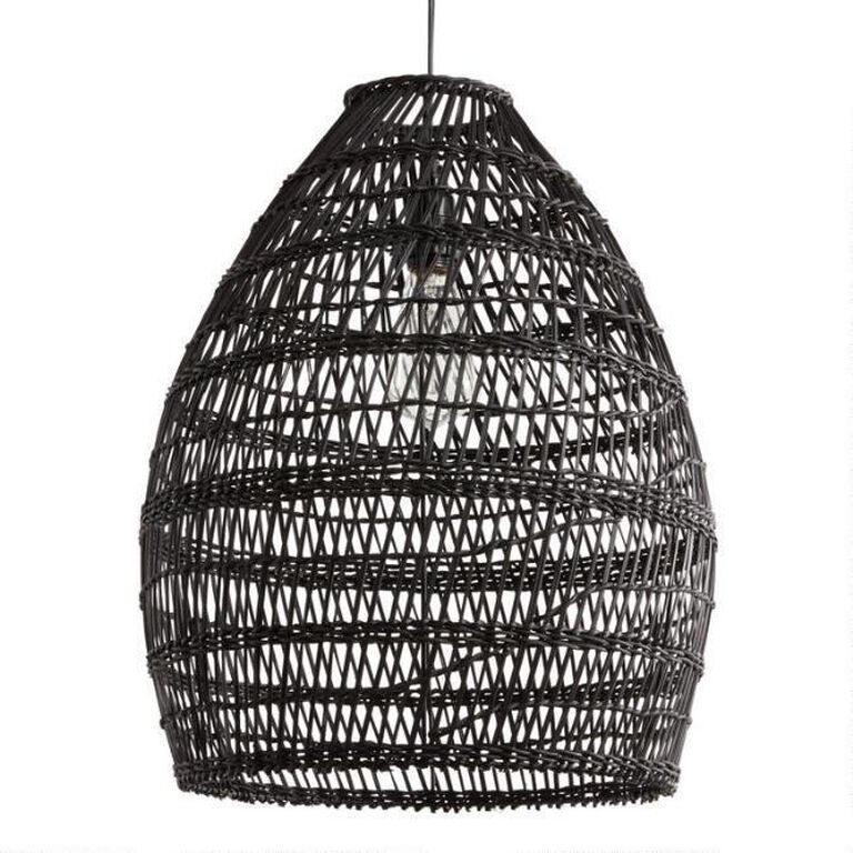Pendant Light Shade, Matte Black Woven Bamboo, Open Weave Bell