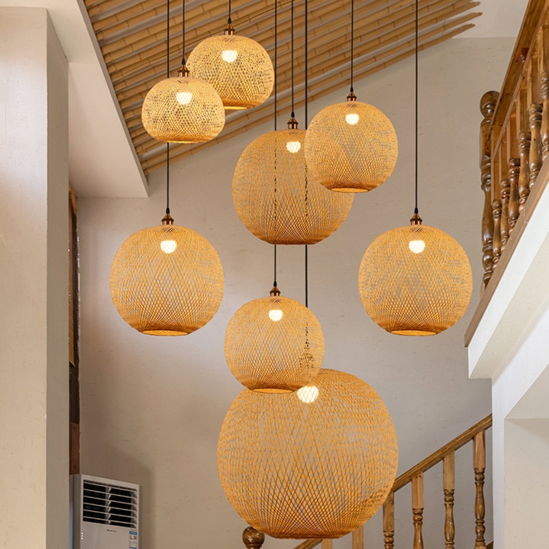 Pendant Light Spherical Woven Texture Staggered Heights Cluster Rattan