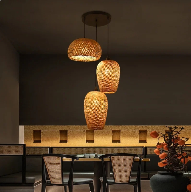 Pendant Light, Staggered Trio Cluster with Varied Bamboo Shades