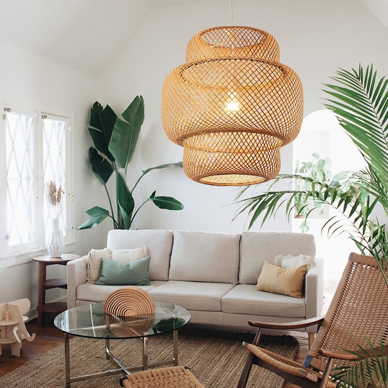 Pendant Light, Three-Tiered Woven Mesh, Tropical Boho Decor