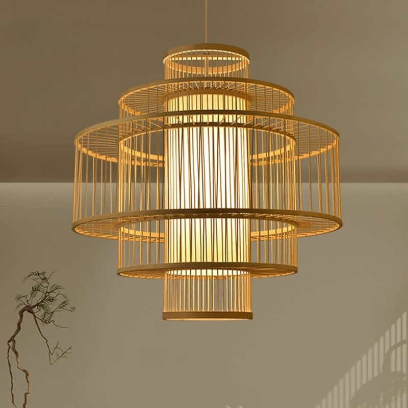 Pendant Light Tiered Bamboo Rings Birdcage Structure Honey Brown Zen Style