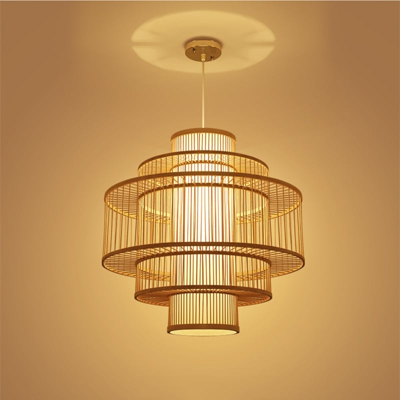 Pendant Light Tiered Bamboo Silhouette with Concentric Zen Cages