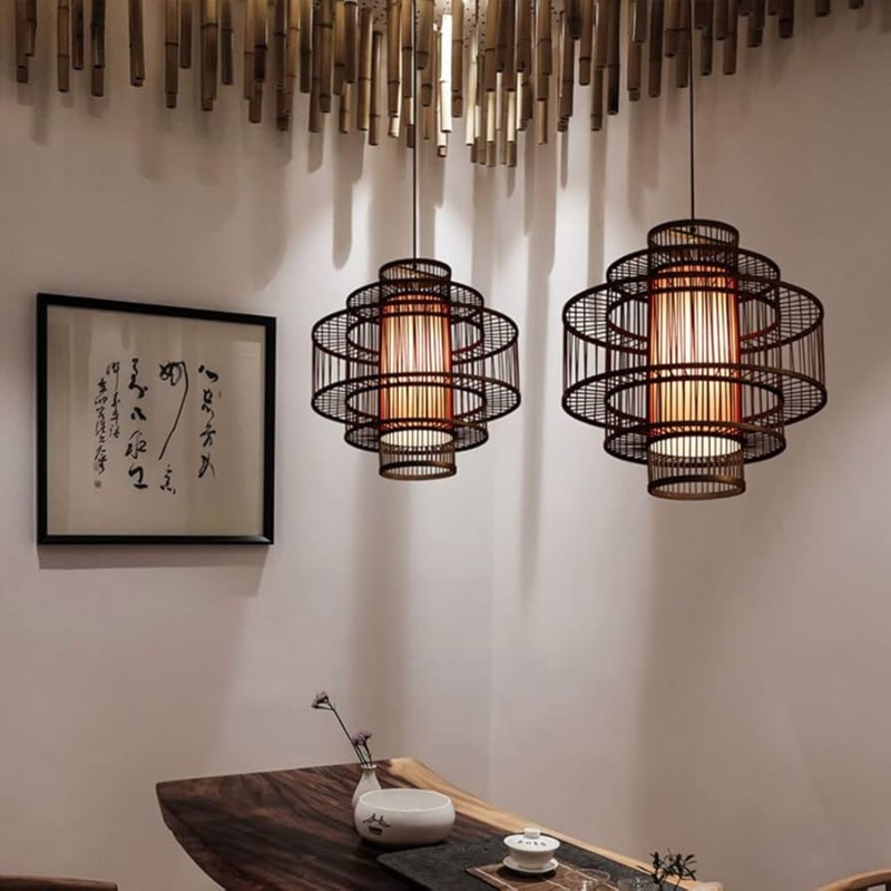 Pendant Light Tiered Wood Cage Lamp Multi Layered Bamboo Traditional