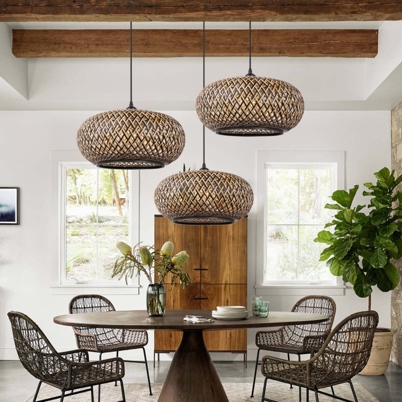 Pendant Light Trio, Black Geometric Weave, Organic Modern Dining