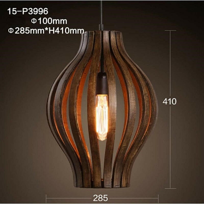 Pendant Light Vertical Slats Bulbous Shape Walnut Brown Rustic Modern Cage Lamp