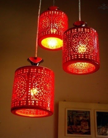 Pendant Light Vibrant Red Cut Out Pattern Filigree Detail Asian Inspired Glossy