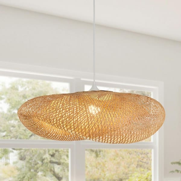 Pendant Light Wavy Bamboo Oval Silhouette with Natural Woven Lattice