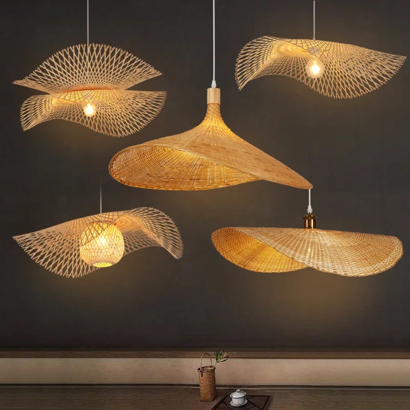 Pendant Light, Wavy Brim Straw Hat Shades, Wabi-Sabi Lattice Cluster