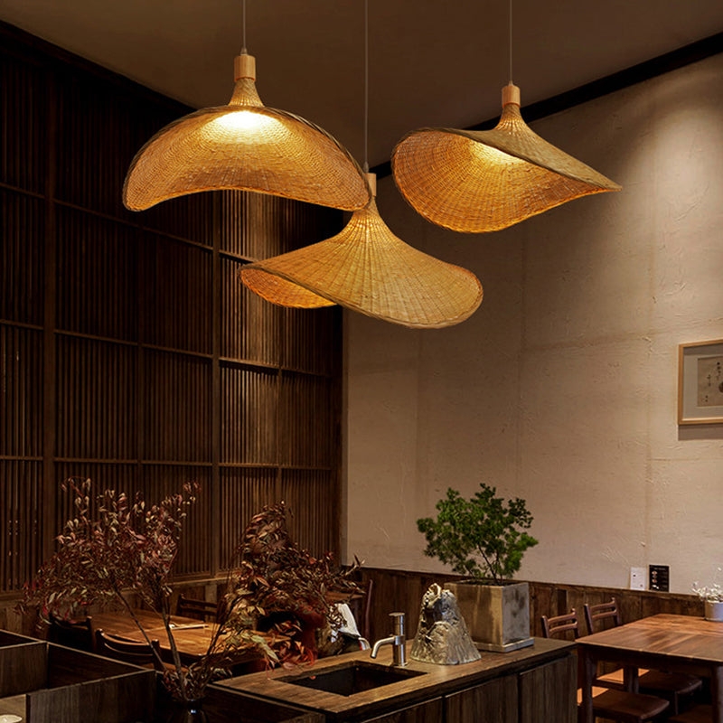 Pendant Light Wavy Brim Woven Straw Hat Shaped Wabi Sabi Staggered Height