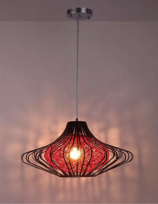 Pendant Light Wire Cage Frame Red Woven Inner Shade Modern Asian Matte Black