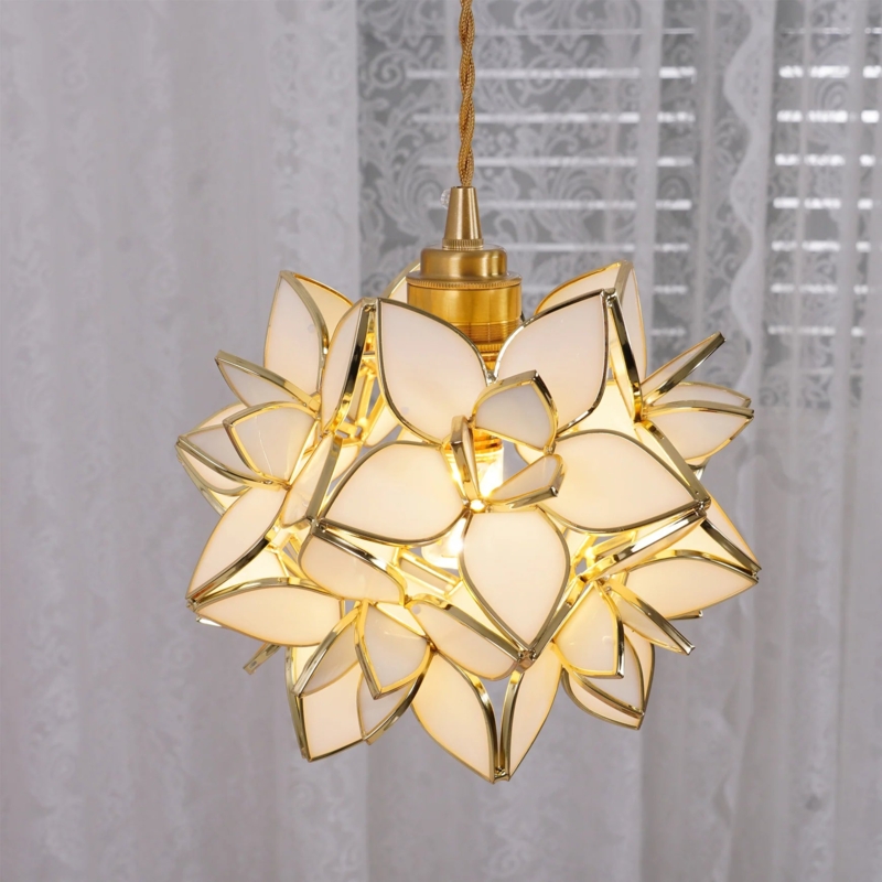 Pendant Light with Lotus Silhouette and Gold Trimmed Capiz Petals