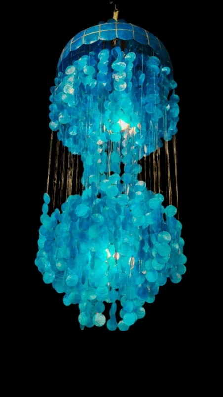 Pendant Light with Luminous Vibrant Blue Capiz Shell Cascading Strands
