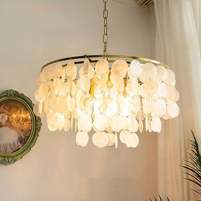 Pendant Light with Tiered Circular Frame and Iridescent Capiz Shells