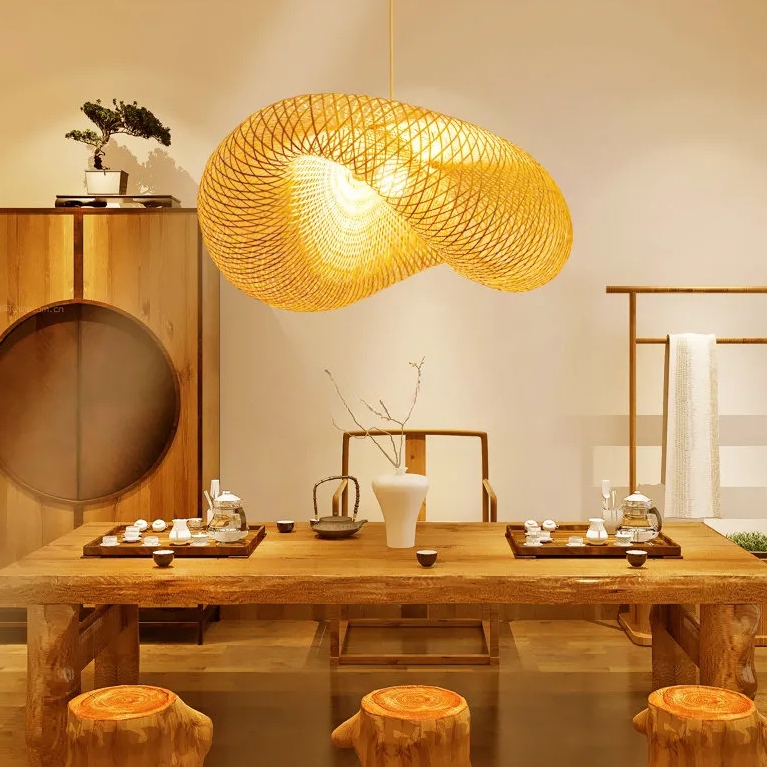 Pendant Light, Woven Bamboo Mobius Light, Infinity Loop Sculpture