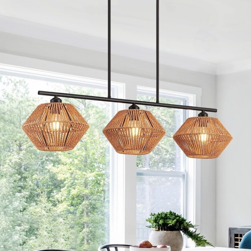 Pendant Light Woven Geometric Shades Linear Matte Frame Coastal Modern Three Light