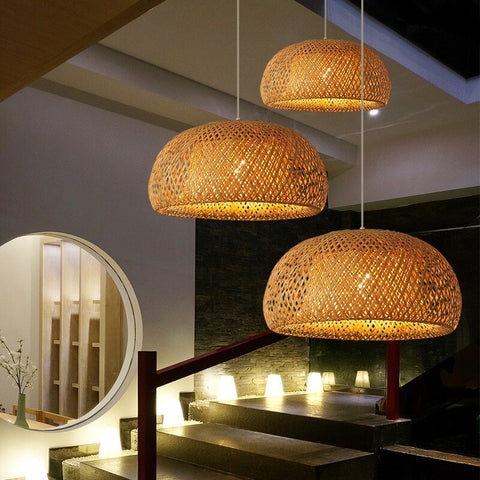 Pendant Light Woven Rattan Dome Trio at Staggered Heights Boho