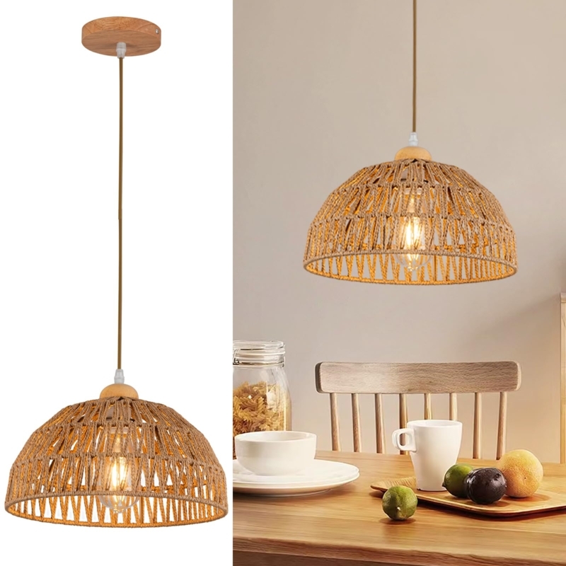 Pendant Light: Woven Rope Dome Shade Wooden Canopy Boho Fixture Warm